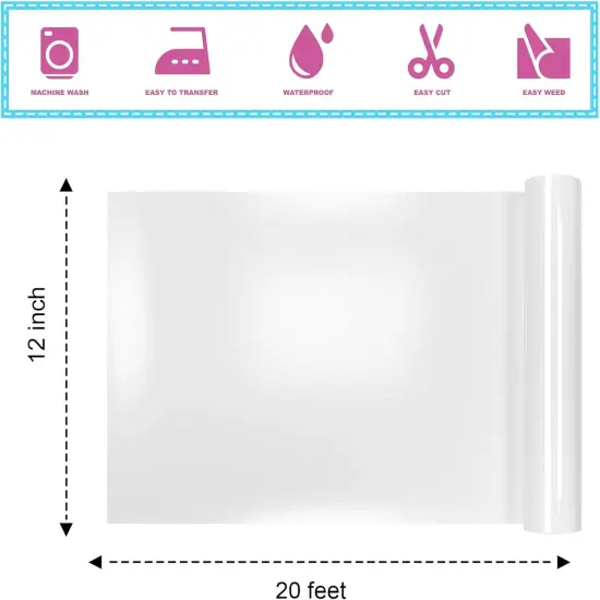 12Inches&times;20FT Iron on for T Shirts Easy to Cut and Weed Compatible- (White, 12Inches&times;20FT) {2}