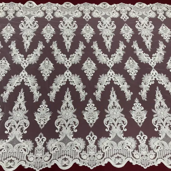 1 Yard Elegant Beaded & Corded Lace Fabric on 100% Polyester Mesh, Floral Embroidered Lace Ivory {4}