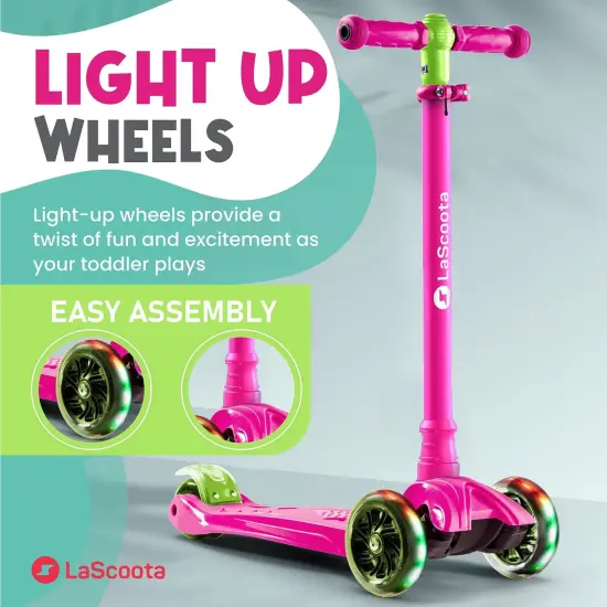 LaScoota 2-in-1 Kids Kick Scooter, Adjustable Height Handlebars and Removable Seat, 3 LED Lighted Wheels and Anti-Slip Deck, for Boys & Girls Aged 3-14 and up to 100 lbs, Fun Scooter with Seat Pink {5}