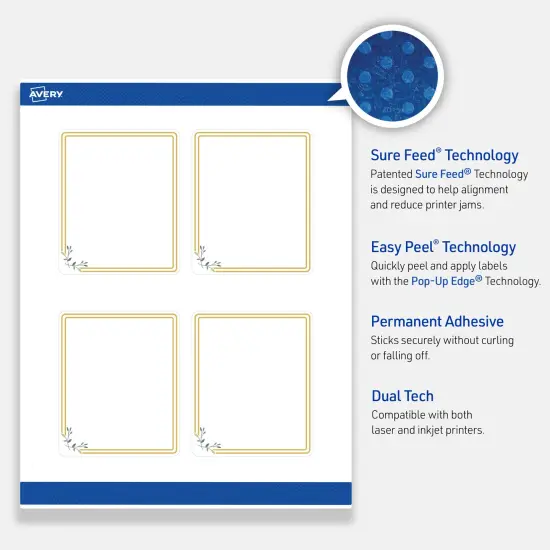 Avery Printable Rectangle Labels, Gold Double Border with Florals, 4" x 3-1/3", Matte White Rectangle Labels, Permanent, Laser/Inkjet, 40ct, Great for Product Labels {3}
