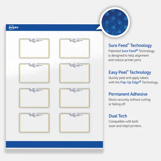 Avery Printable Rectangle Labels, Gold & Navy Border with Florals, 2" x 3", Glossy White Rectangle Labels, Permanent, Laser/Inkjet, 80ct, Great for Product Labels {3}