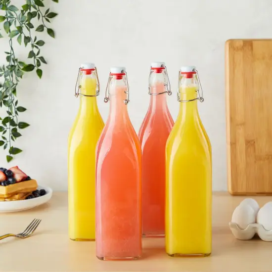 4 Pack Square Flip Top Glass Bottle 32 oz with Cleaning Brush and Silicone Funnel, Swing Top Bottles for Homemade Brew, Drinks, Arts and Crafts Clear {2}