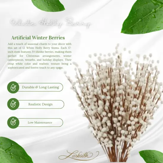 Set of 12: White Holly Berry Stems with 35 Lifelike Berries | 17" Long | Festive Accents | Seasonal Picks | Winter Florals | Christmas Berries | Home & Office Decor {5}