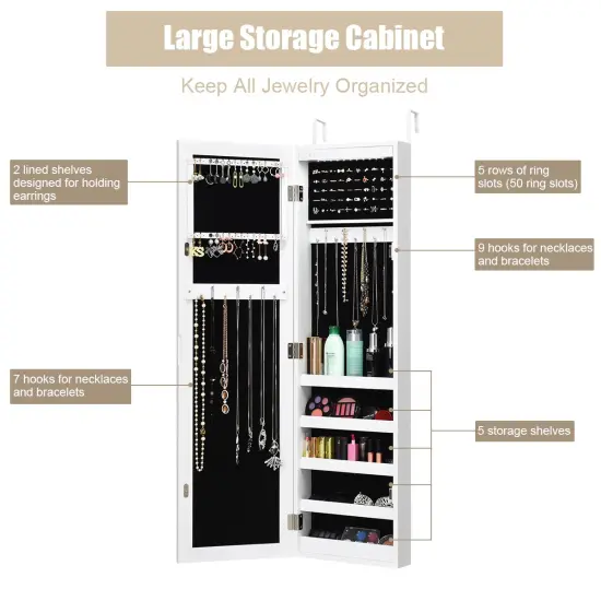 Costway Wall Door Mounted Mirrored Jewelry Cabinet Organizer Storage w/LED Light White {6}