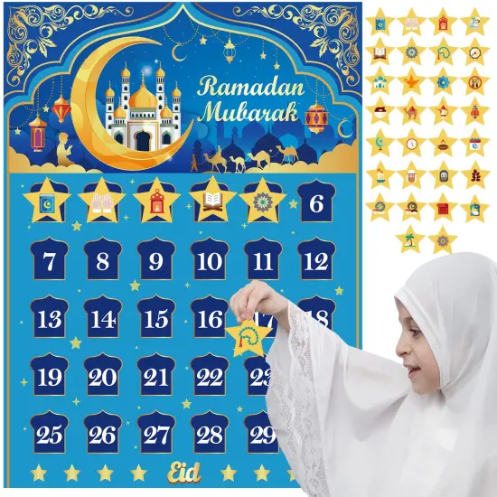 Ramadan Calendar, Eid Mubarak Calendar Countdown for Eid Party Supplies, Ramadan Advent Calendar Poster with 30 Countdown Star Stickers for Ramadan Mubarak Home Wall Decorations {1}