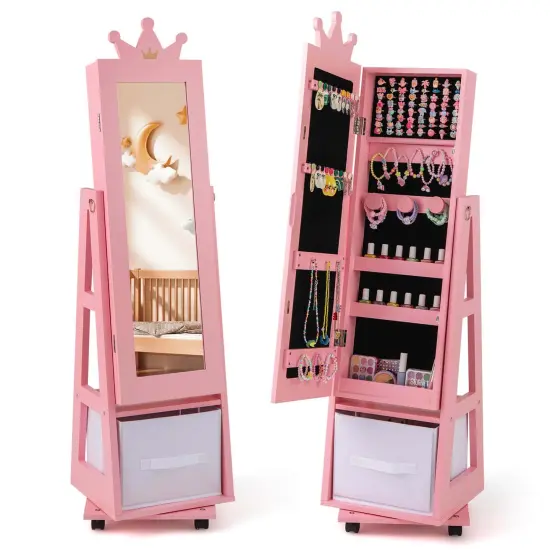 Costway Kids Jewelry Cabinet with Full-Length Mirror Foldable Drawer Anti-toppling System White/Pink {8}