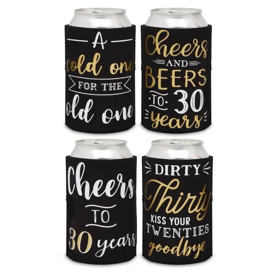 12-Pack Can Cooler Sleeves, 12 Assorted Designs Insulated Neoprene Holder Party Supplies - 30th Birthday Black {6}