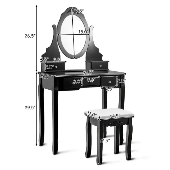 Costway Vanity Jewelry Wooden Makeup Dressing Table Set W/Stool Mirror & 5 Drawers Black {3}