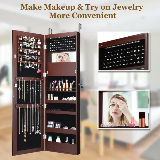 Costway Wall Door Mounted Mirror Jewelry Cabinet Organizer LED Lights {8}