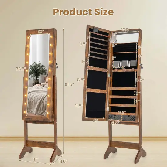 Costway LED Mirror Jewelry Cabinet with 20 LED Lights Full-Length Mirror Adjustable Angles White/Brown/Black {3}