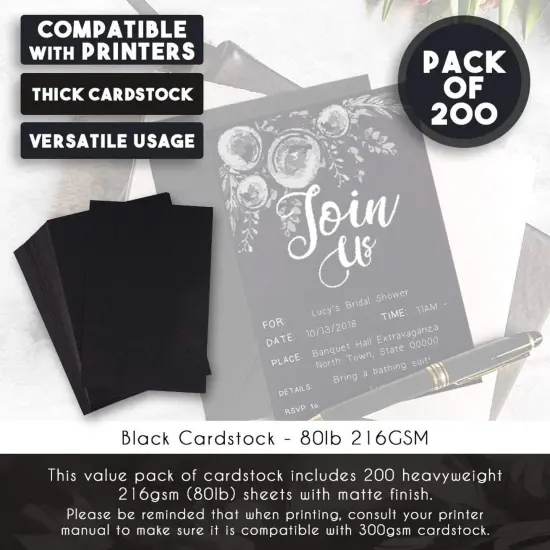 Black Cardstock - 200-Pack 4x6 Heavyweight Smooth Cardstock, 80lb 216GSM Cover Card Stock, Unruled Thick Stationery Paper, For Postcard, Invitation, Announcement, Marketing Material, 4 x 6 Inches {4}