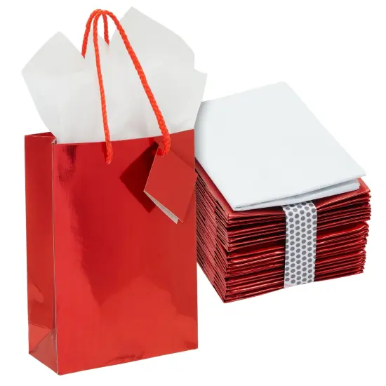 20-Pack Small Glossy Gift Bags with Handles, 5.5x2.5x7.9-Inch Paper Bags with Foil Coating, White Tissue Paper Sheets, and Tags for Small Business (Red) {1}