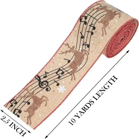 Christmas Deer Wired Ribbon Musical Note Burlap Jute Ribbon Wreath Ribbon for Xmas Home Decor,Gift Wrapping Bow Making DIY Crafts {2}