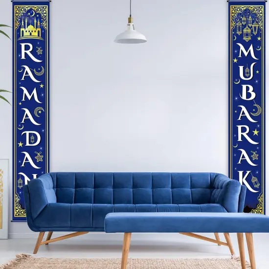 Blulu Eid Mubarak Decoration Set Ramadan Mubarak Porch Sign Ramadan Banner Hanging Decoration for Indoor/outdoor Decor Eid Al-fitr Party(Blue) {5}
