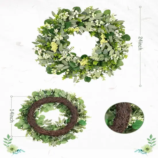 Green Eucalyptus Leaf Wreath, 24 Inch Artificial Spring Summer Wreaths for Front Door Decor Boxwood Wreath with Big Berries, Farmhouse Greenery Wreath Outside Year Round - Indoor/Outdoor {2}