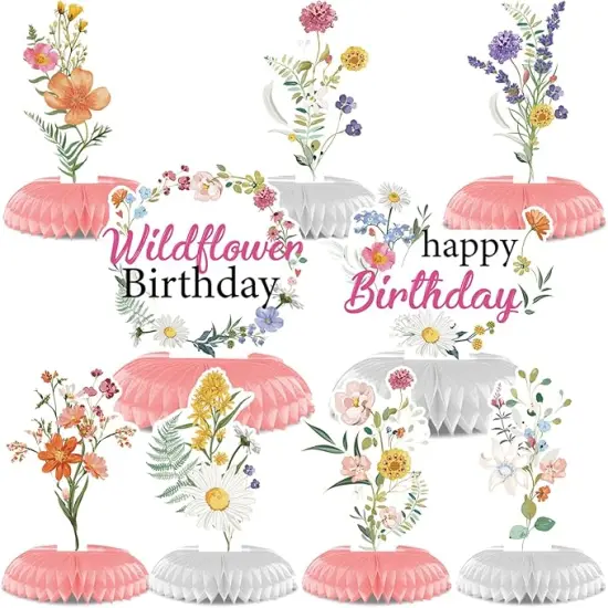 Flower Birthday Table Decorations - 9PCS Wildflower Birthday Party Decorations Spring Birthday Party Table Decor Supplies Floral Birthday Party Honeycomb Centerpiece Decorations for Girls Women {1}