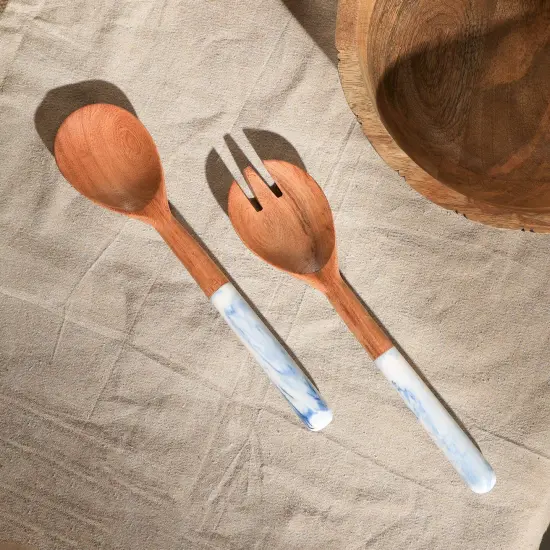 Marble & Wood Salad Server-Set of 2, 12"X3" Pink {6}