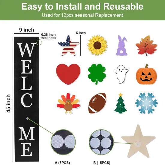 Interchangeable Wooden Porch Welcome Sign with 12 Interchangeable Icons 45"X9" Large Standing Hanging Seasonal Home Decor for Porch Wall Yard Decorations (Black) {3}