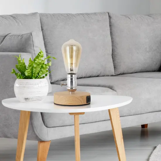 Small Industrial Table Lamp with 2 USB Ports & Wooden Base Vintage Desk Light for Bedroom, Dorm, Nightstand {6}
