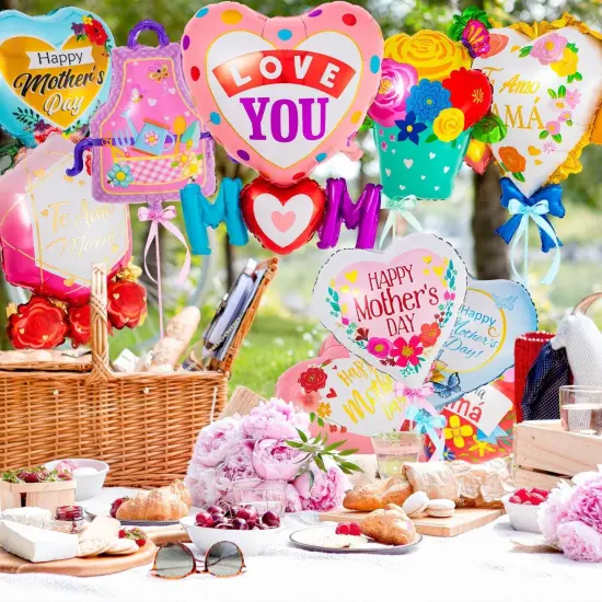 12 Pcs Mother's Day Foil Balloons, Happy Mom Mama Balloons, Mother's Day Heart Mylar Balloon for Best Ever Mom Party Birthday Decorations Supplies {3}