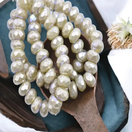 *25* 6x9mm Mercury AB Washed IvoryFaceted Large Hole Rondelle Roller Beads {5}