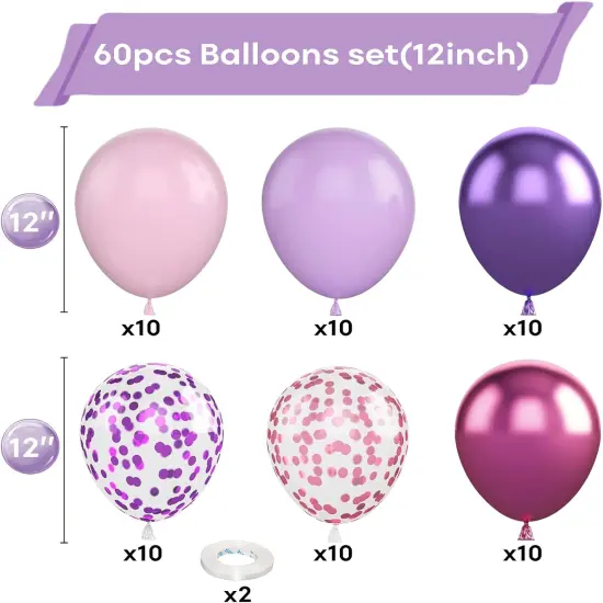 60 Packs 12 Inch Metallic Purple Pink Confetti Balloons (Pink Purple) {2}