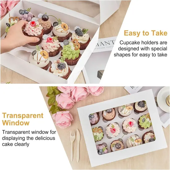 12 Count Cupcake Boxes, 12 Pack White Cupcake Containers with Windows and Inserts, Disposable Cupcake Carriers for Muffins, Treats, Pastries, 13 x 10 x 4 Inches {4}