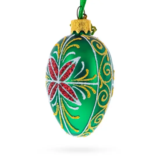 Emerald Green with Red and Gold Floral Mini Glass Egg Ornament 2.9 Inches {3}
