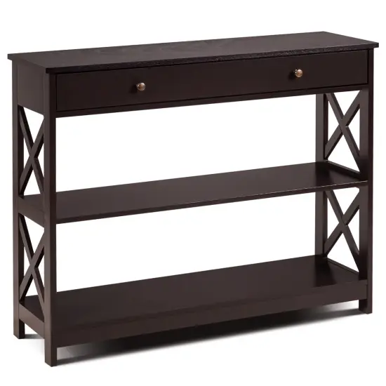 Console Table 3-Tier with Drawer and Storage Shelves White {8}
