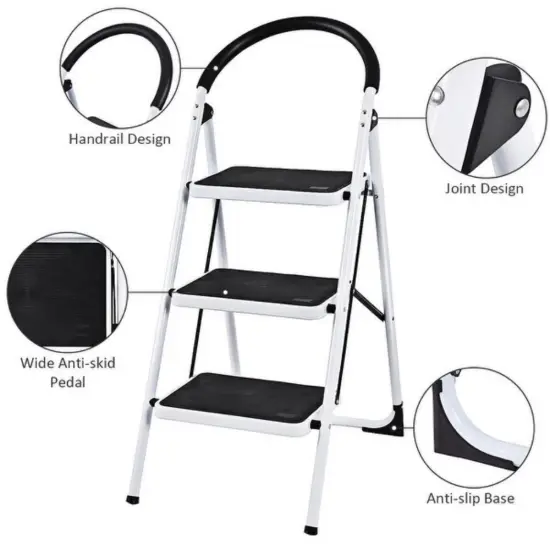 3-Step Space-Saving Foldable Ladder with Safety Rail and Wide Pedals Ideal for Home and Office {6}