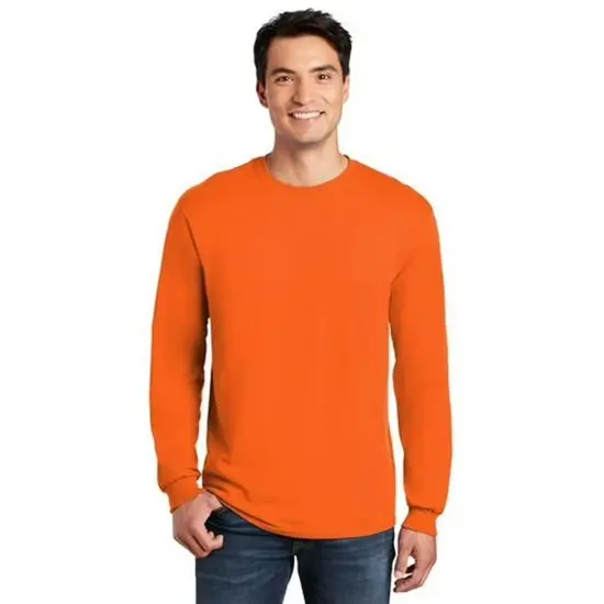 Gildan Heavy 100% Cotton Crewneck Long Sleeve T-Shirt Safety Orange {1}