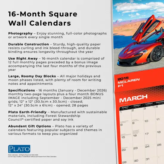 Supercars | 2026 12 x 24 Inch (Hanging) Monthly Square Wall Calendar | Foil Stamped Cover {6}