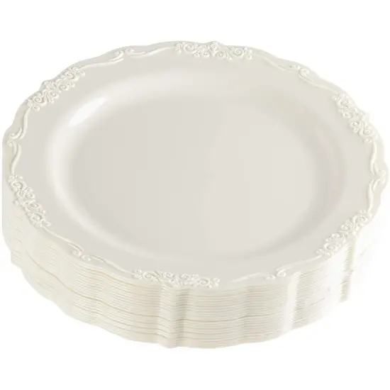 25 Pack Plastic Dinner Plates for Party, Cream with Fine Detailing (10 Inches) White {6}