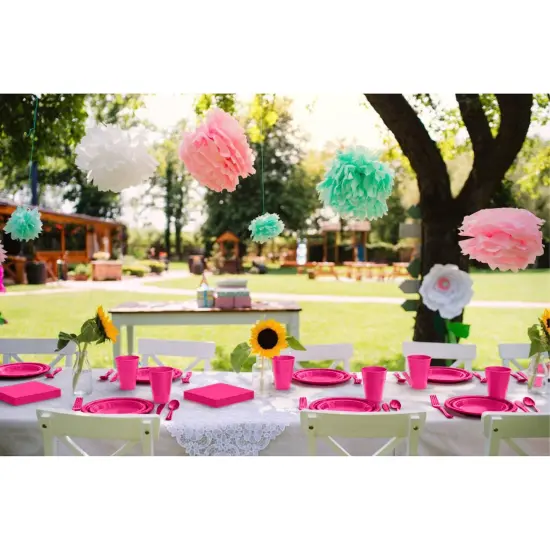 Exquisite 350 Pcs Plastic Plates for Party &ndash; Disposable Plates Set &ndash; 50 Each of 9" Dinner Plates, 7" Dessert Plates, Plastic Cups, Napkins & Plastic Cutlery &ndash; Plastic Dinnerware by Party Solids Hot Pink {5}