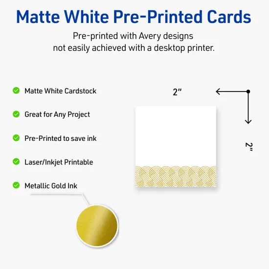 Avery Printable Square Business Cards with Sure Feed Technology, Pre-Printed Gold Lace Trim Pattern, Matte White, 2" x 2", Laser & Inkjet Compatible, 120 Total {2}