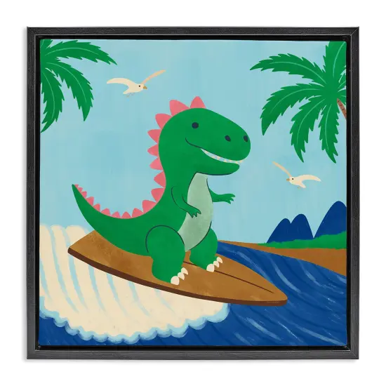 Stupell Industries Baby Surfing Dino Framed Floater Canvas Wall Art Design by Carrie Cantwell {1}