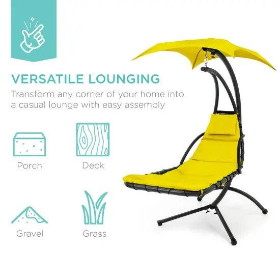 Best Choice Products Hanging Curved Chaise Lounge Chair Swing for Backyard, Patio w/ Pillow, Shade, Stand Yellow {5}