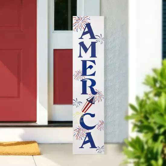 Northlight Patriotic "America" Fireworks Wooden Porch Board Sign Decoration - 36" Blue {1}