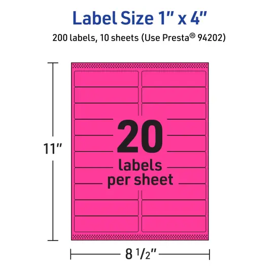 Avery Neon Magenta Paper Labels, 1" x 4" Rectangle {5}