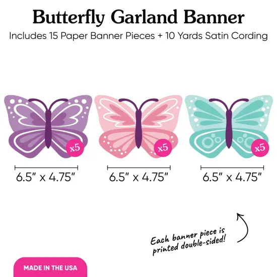 Big Dot of Happiness Beautiful Butterfly Garland Banner, Baby Shower or Birthday Party Decorations, Fairy Garden Party Banner, 30 Feet of Cord, 15 Double-Sided Butterflies {5}