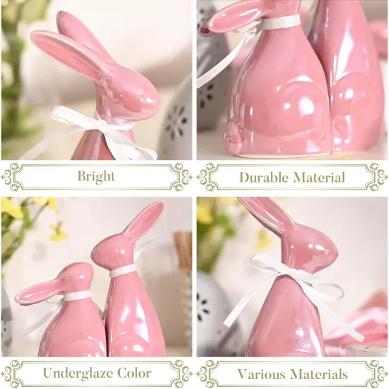 Easter Decorations, 2Pcs Easter Bunny Decor, Pearl Pink Ceramic Rabbit Statue Figurine for Home, Spring Easter Gift Tiered Tray Decorations for Indoor Table Centerpieces，6.3 Inch {4}