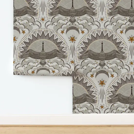 Peel & Stick Wallpaper 2FT Wide Rustic Bohemian Geese Night Sky Canadian Cabincore Farmhouse Flying Birds Stars Moon Clouds Wingspan Earthy Dots Lines Geometric Lodge Custom Removable Wallpaper by Spoonflower {2}