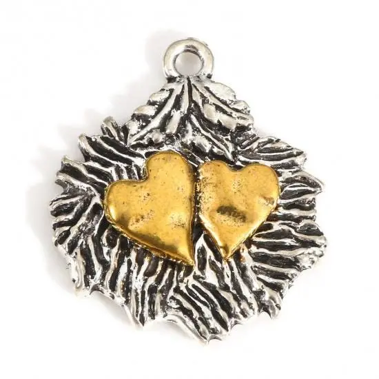 *10* 26x22mm 2 Tone Silver/Gold Heart Leaf Charms {4}