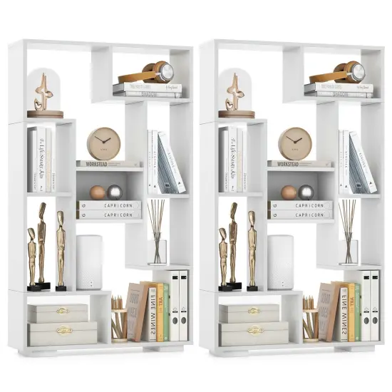 Costway 2 PCS 47" Tall Bookshelf Modern Geometric Bookcase with Open Shelves for Home Black&Natural/White {8}