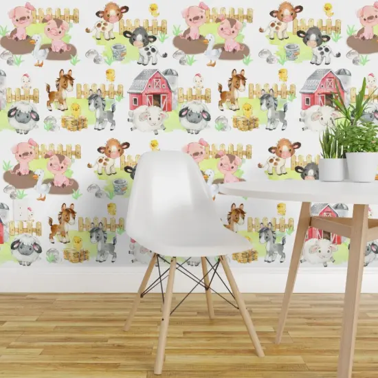Pre-Pasted Wallpaper 2FT Wide Farm Animals Baby Barnyard Watercolor Custom Pre-pasted Wallpaper by Spoonflower {1}