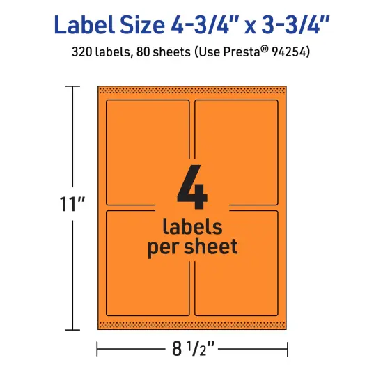 Avery Bright Orange Paper Labels, 4.75" x 3.75" Rectangle {5}