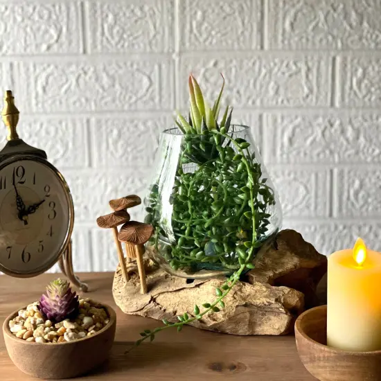 Handcrafted Glass and Teak Vase with Wood Mushroom Embellishments, Rustic Accent Brown {6}