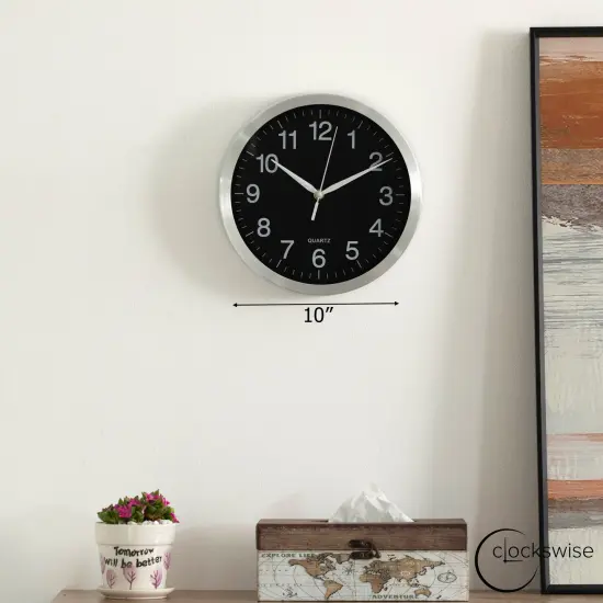 Clockswise Round Quartz Wall Clock Non-Ticking Battery Operated with Silent Sweep Movement, Aluminum Silver Frame, Perfect for Home Kitchen Office Living Room Study Hallway Classroom, Black Face {8}