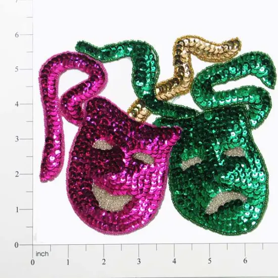 7" x 6" Mardi Gras Drama Mask Sequin Applique/Patch Fuchsia Multi {1}