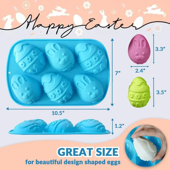 Easter Egg Molds Silicone 3.5 Inch, 2-Pack Chocolate Baking Holiday Mould, Non-Stick BPA Free, Kid-Friendly Soap Rabbit & Floral Designs, Blue & Pink {4}